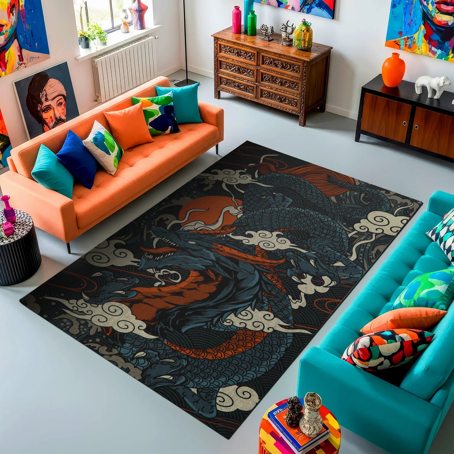 Modern living room with colorful furniture and a decorative rug.