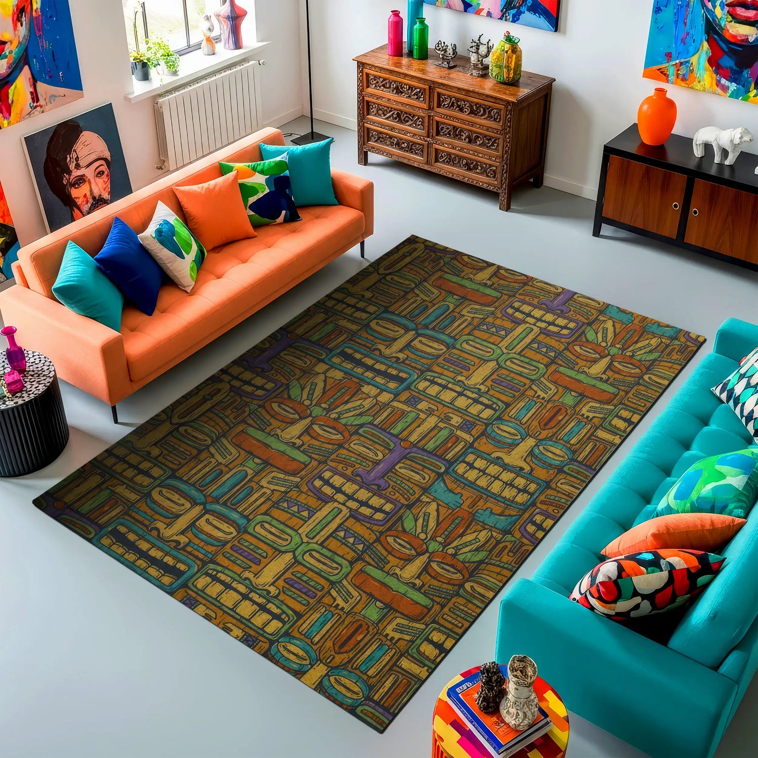 Bold Colorful Abstract Pattern Rug – Retro Tribal Geometric