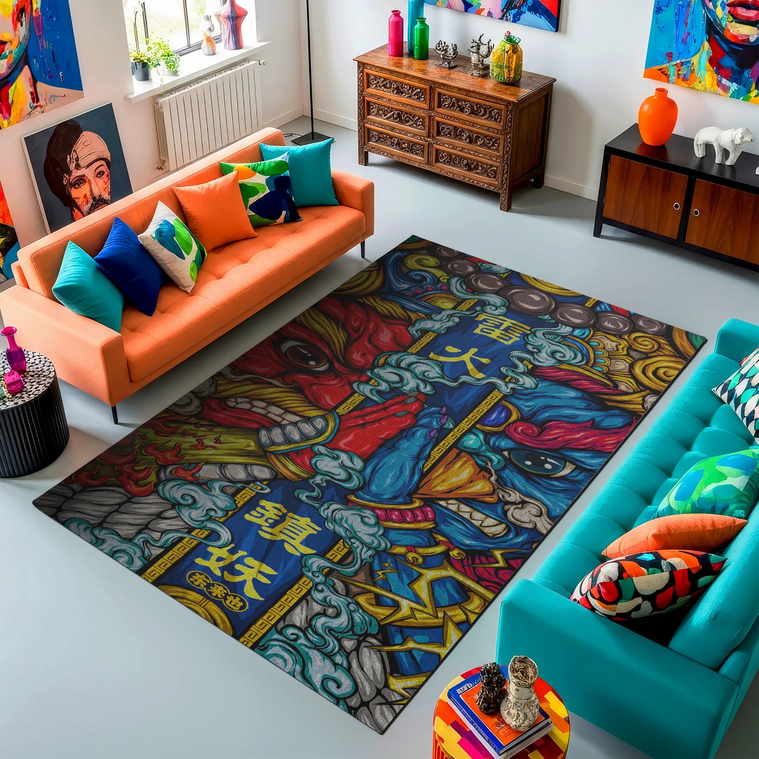 Samurai Warrior Rug – Colorful Japanese Mythology Art Carpet