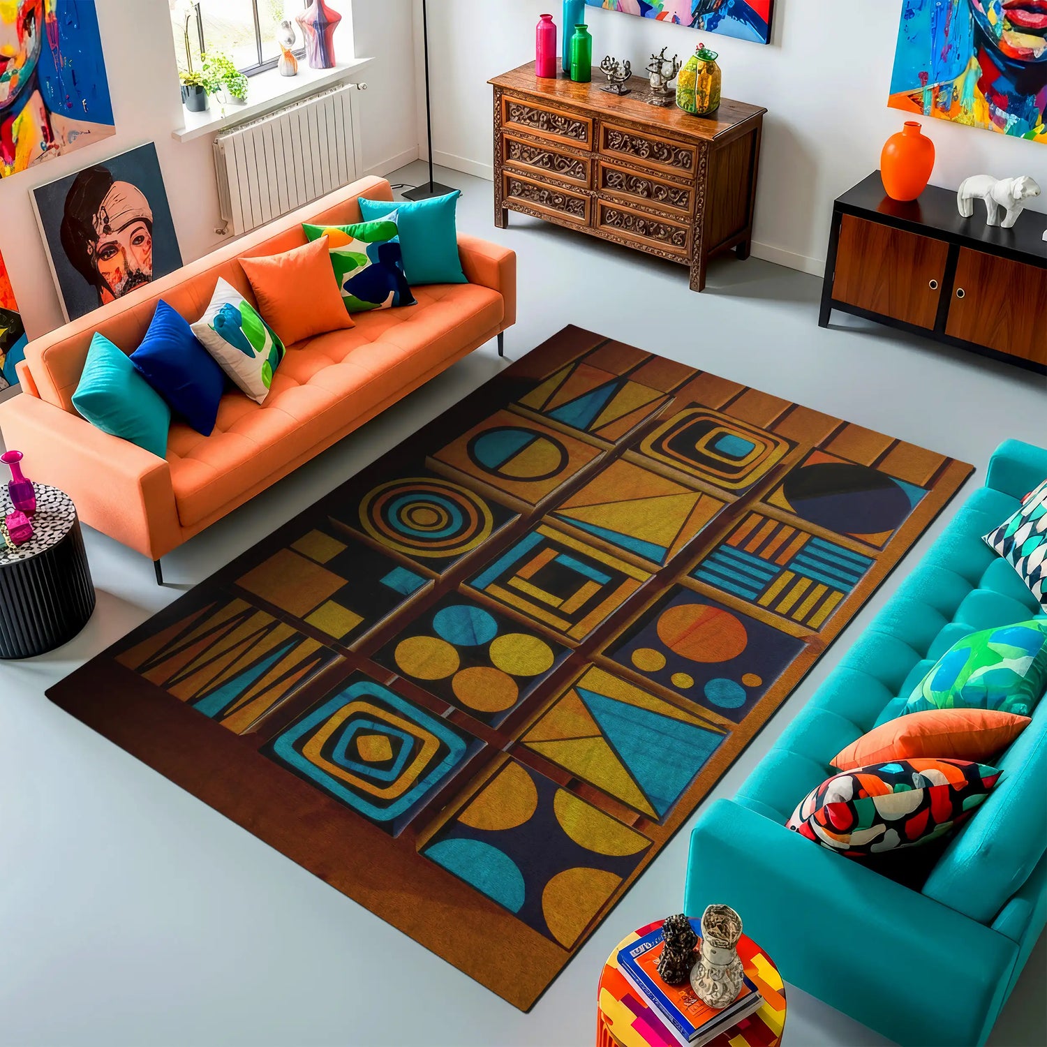 Colorful living room with geometric patterned rug, orange and blue sofas, and decorative items.

