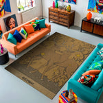Living room with orange and blue sofas, colorful cushions, and a decorative rug with a deer design.