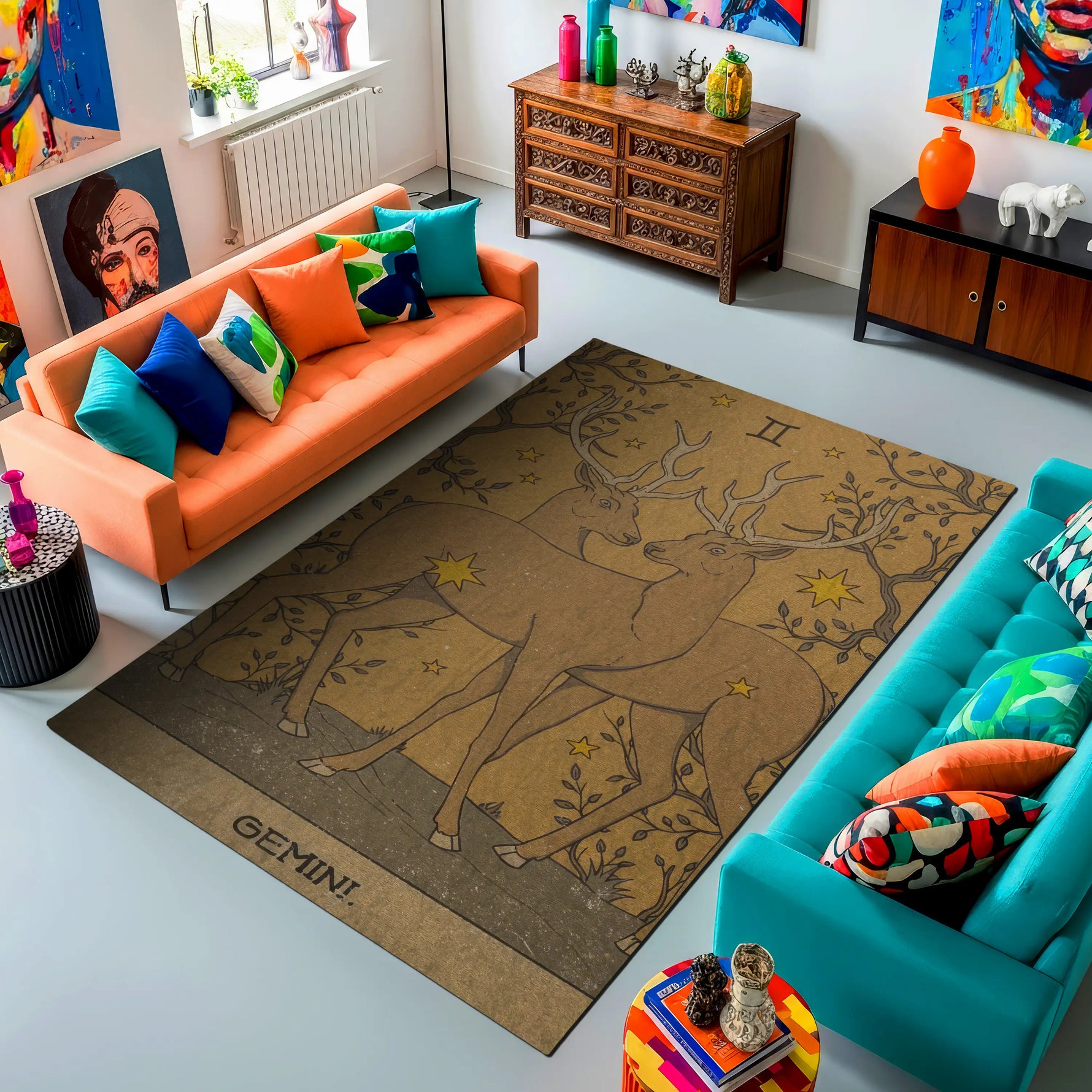 Living room with orange and blue sofas, colorful cushions, and a decorative rug with a deer design.