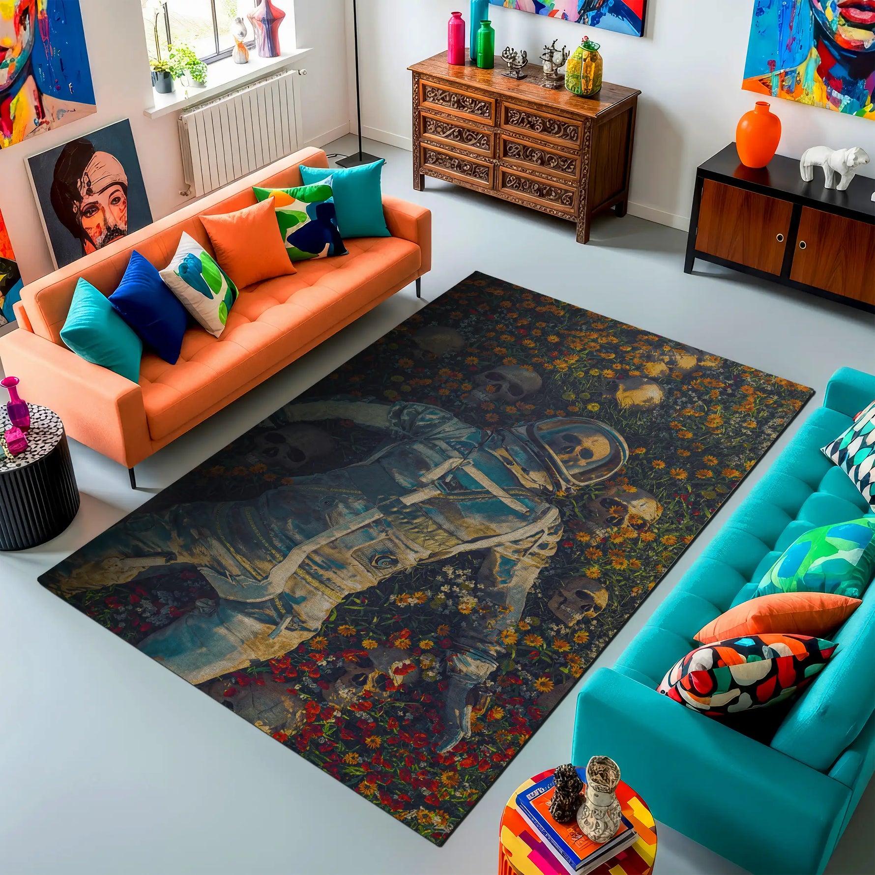 Living room with colorful furniture and a decorative rug featuring a horse.