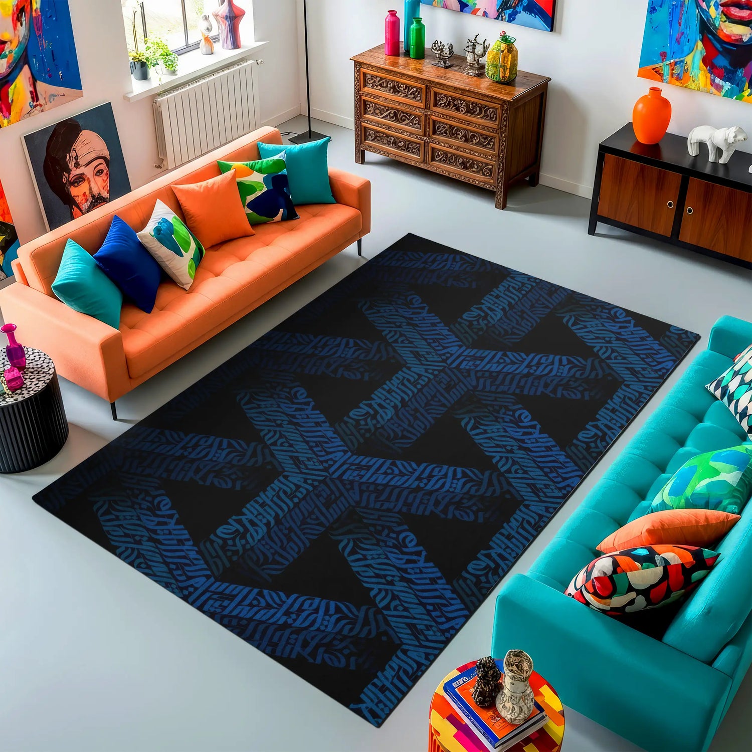 Non-slip contemporary blue pattern carpet for bedroom