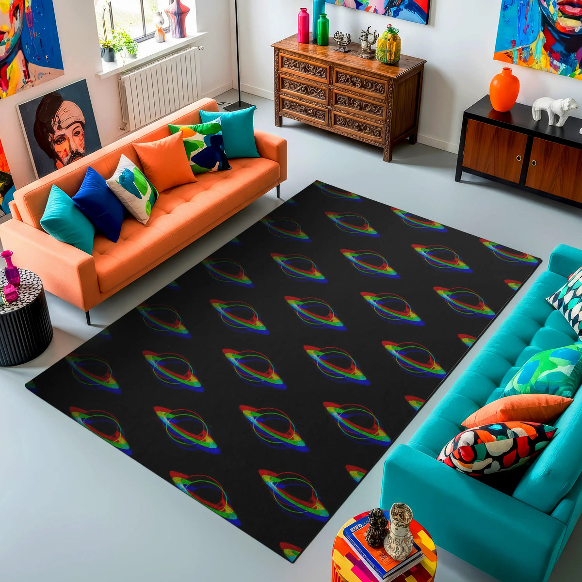 Living room with a black rug featuring rainbow designs, colorful couches, and decorative items.