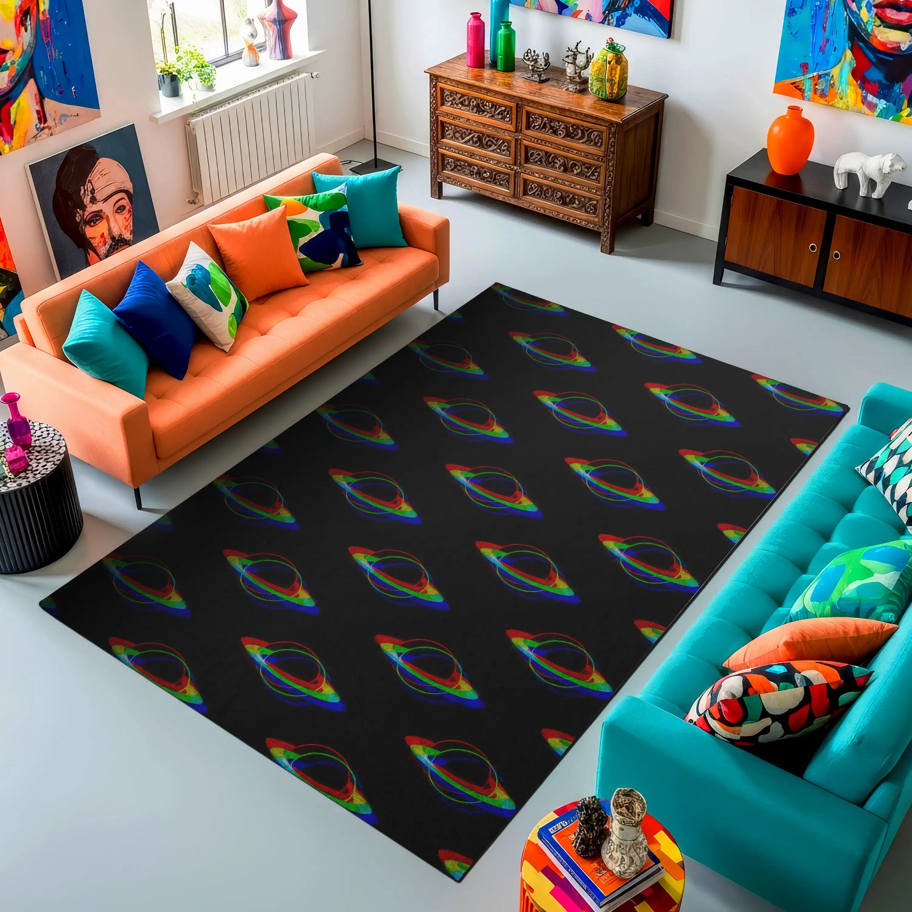 Living room with a black rug featuring rainbow designs, colorful couches, and decorative items.