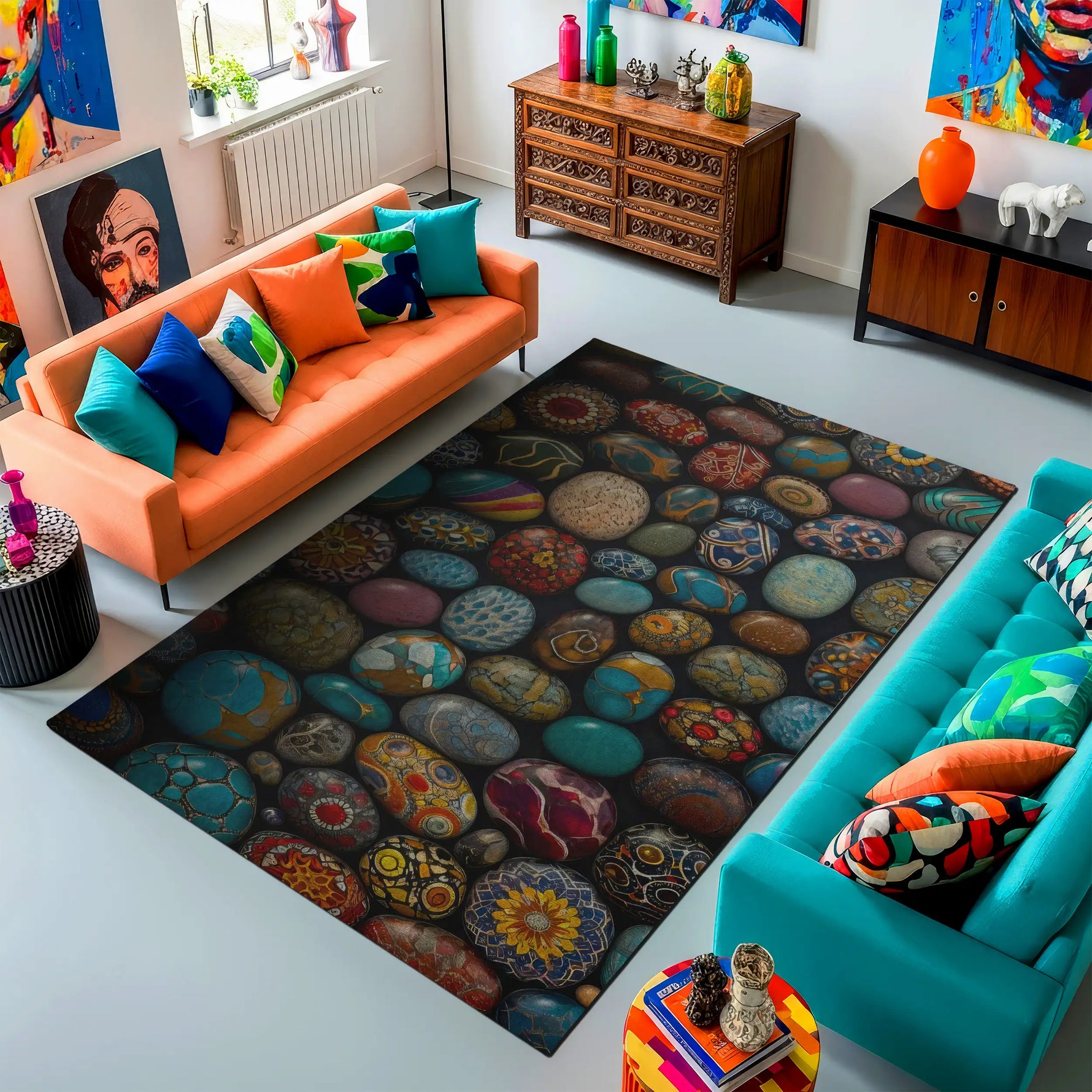 Living room with colorful furniture and a patterned rug