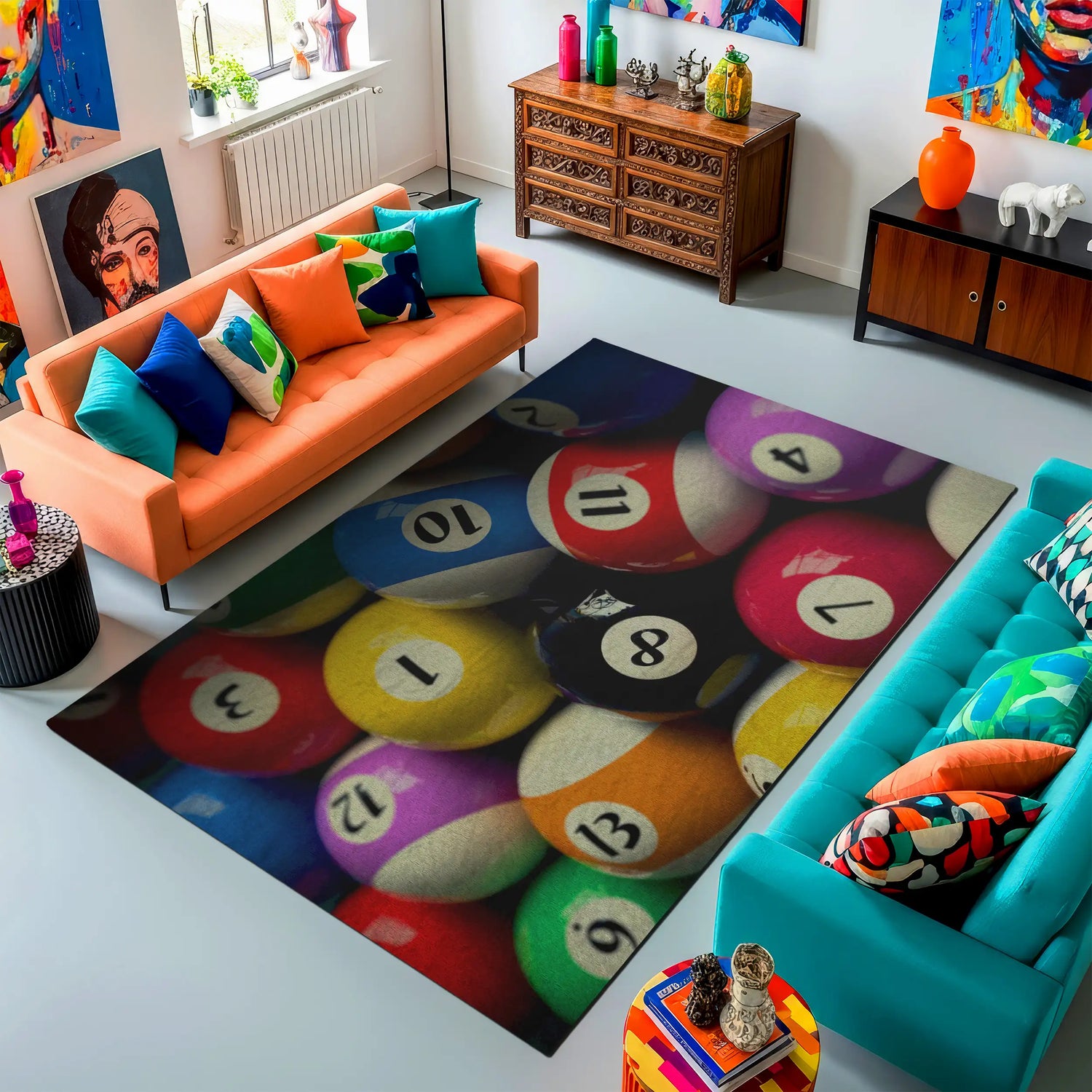Colorful Billiard Pool Balls Rug – Game Room Decor – Modern Playful Floor Mat