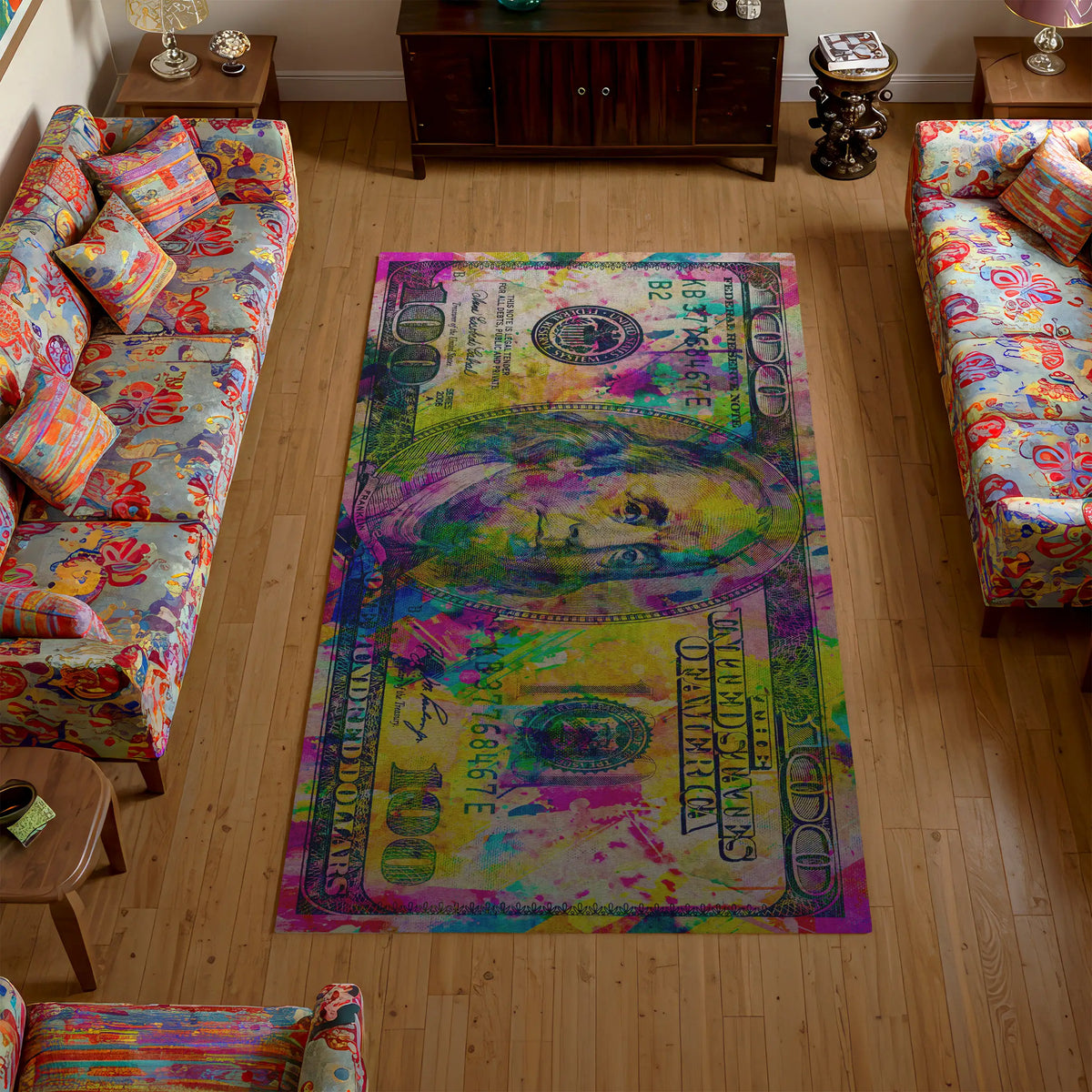 Colorful dollar bill design rug in a living room with patterned furniture.
