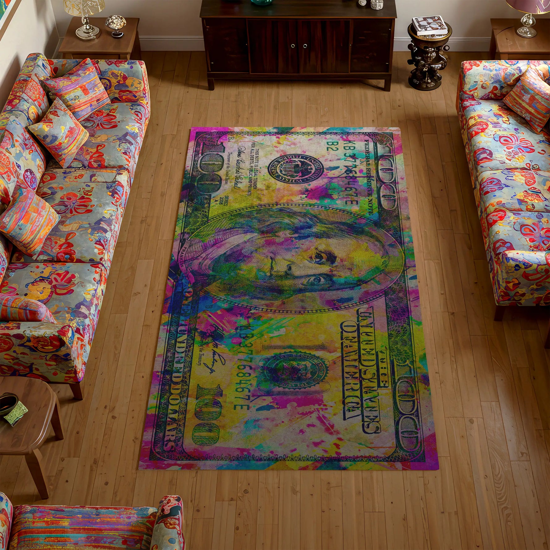 Colorful dollar bill design rug in a living room with patterned furniture.
