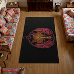 Decorative rug with a colorful design in a living room setting