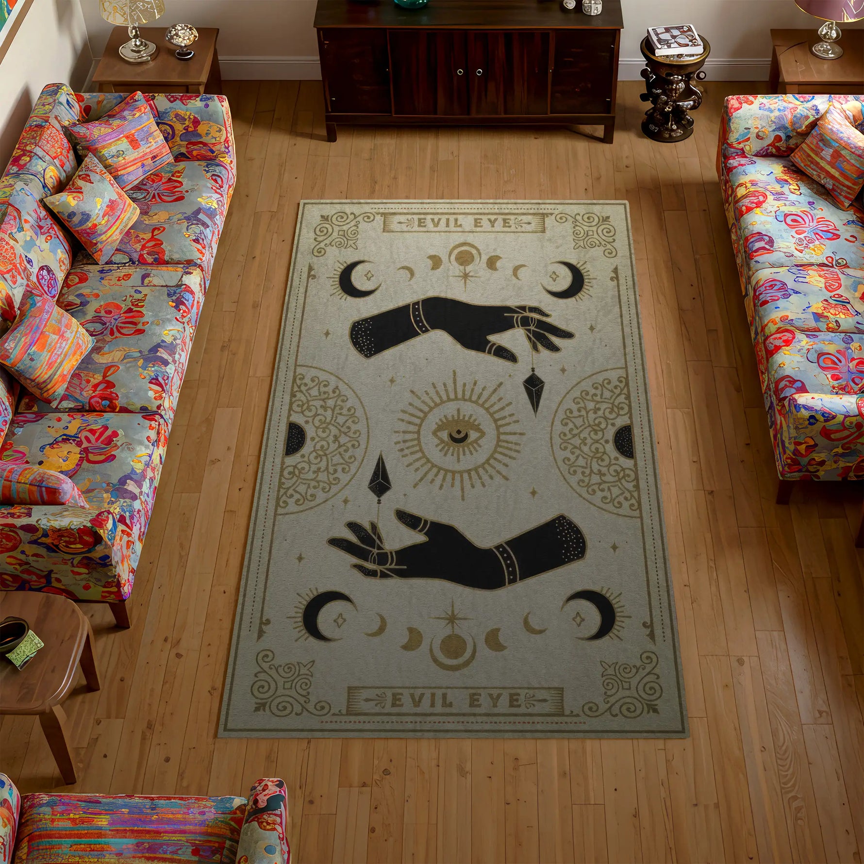 Decorative rug with black hands and moon phases in a living room with colorful furniture.