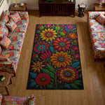 Colorful floral rug in a living room with patterned furniture.