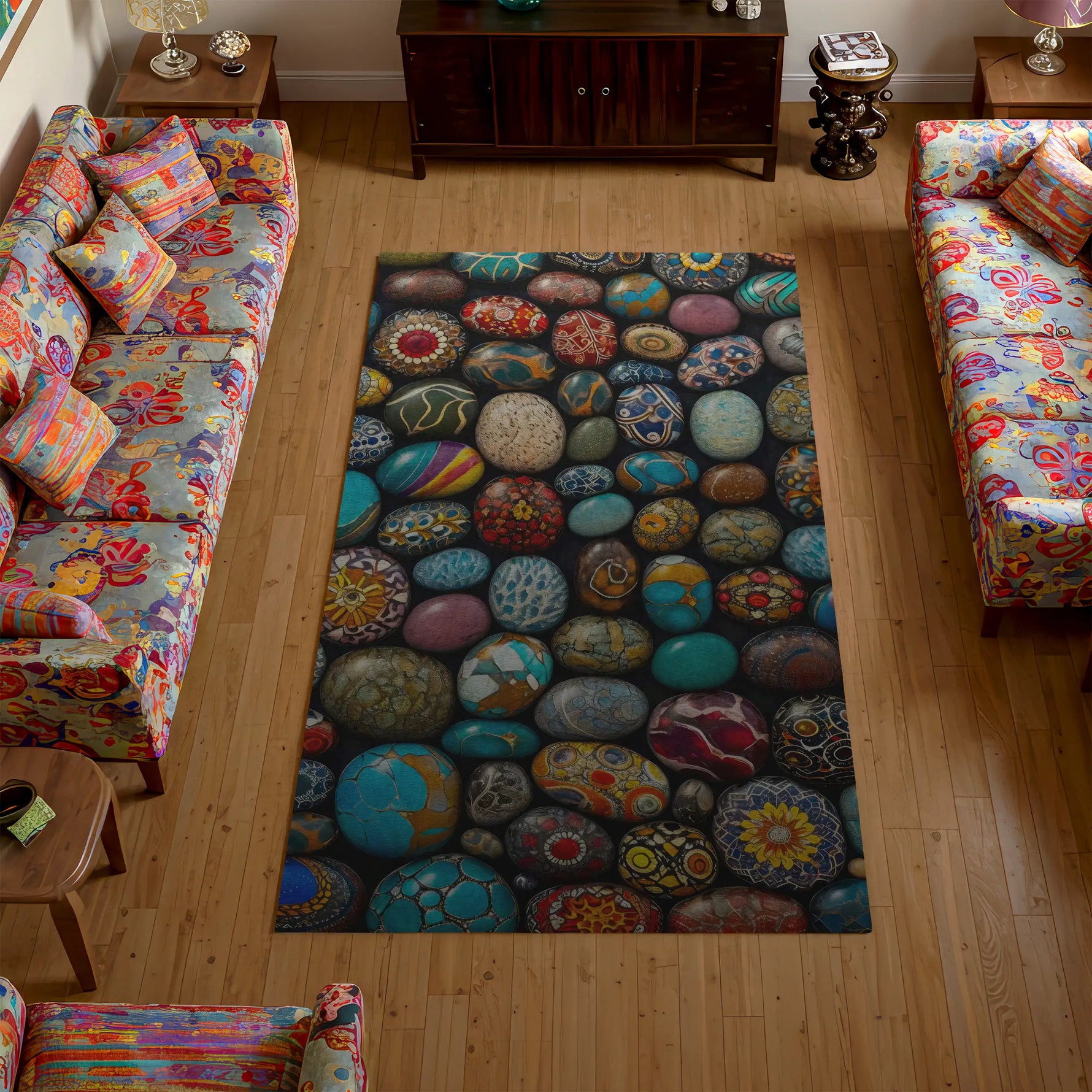 Colorful rug with stone pattern in a living room with floral sofas.