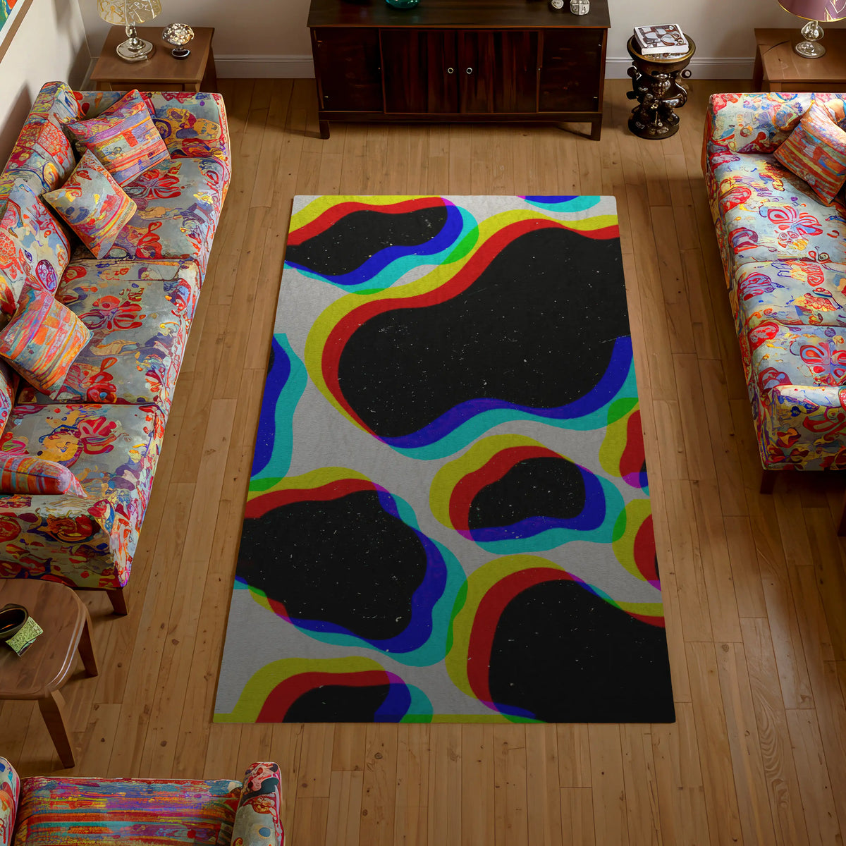 Colorful rug with abstract design in a living room setting