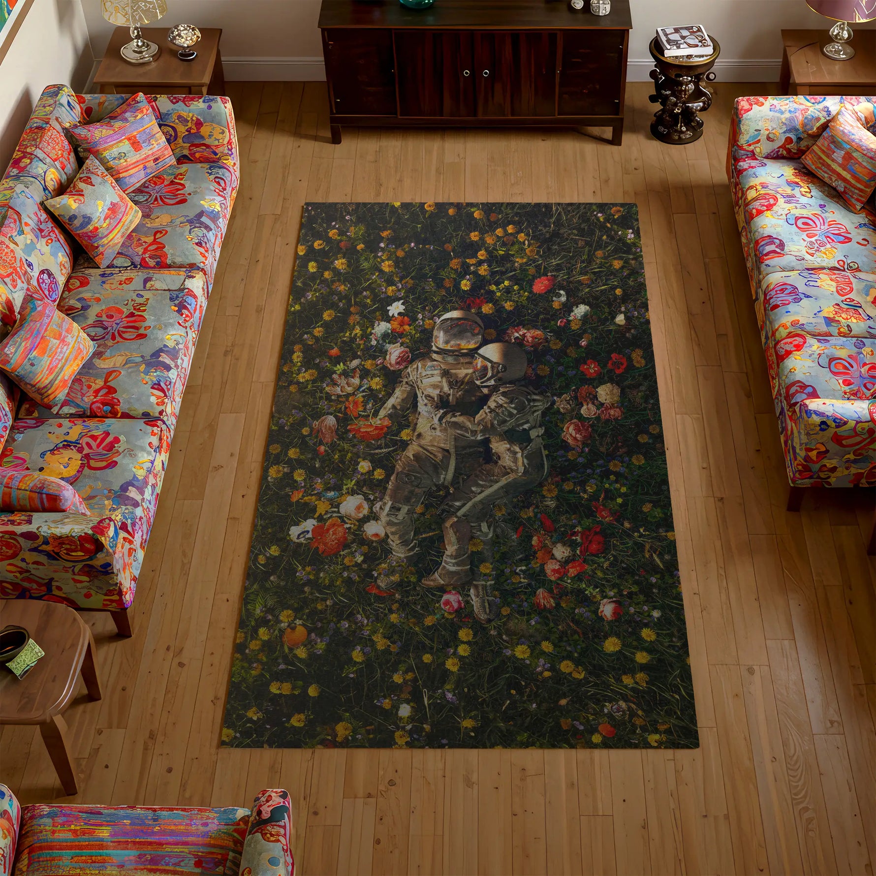 Living room with a decorative rug featuring a floral design and a person, surrounded by colorful furniture.