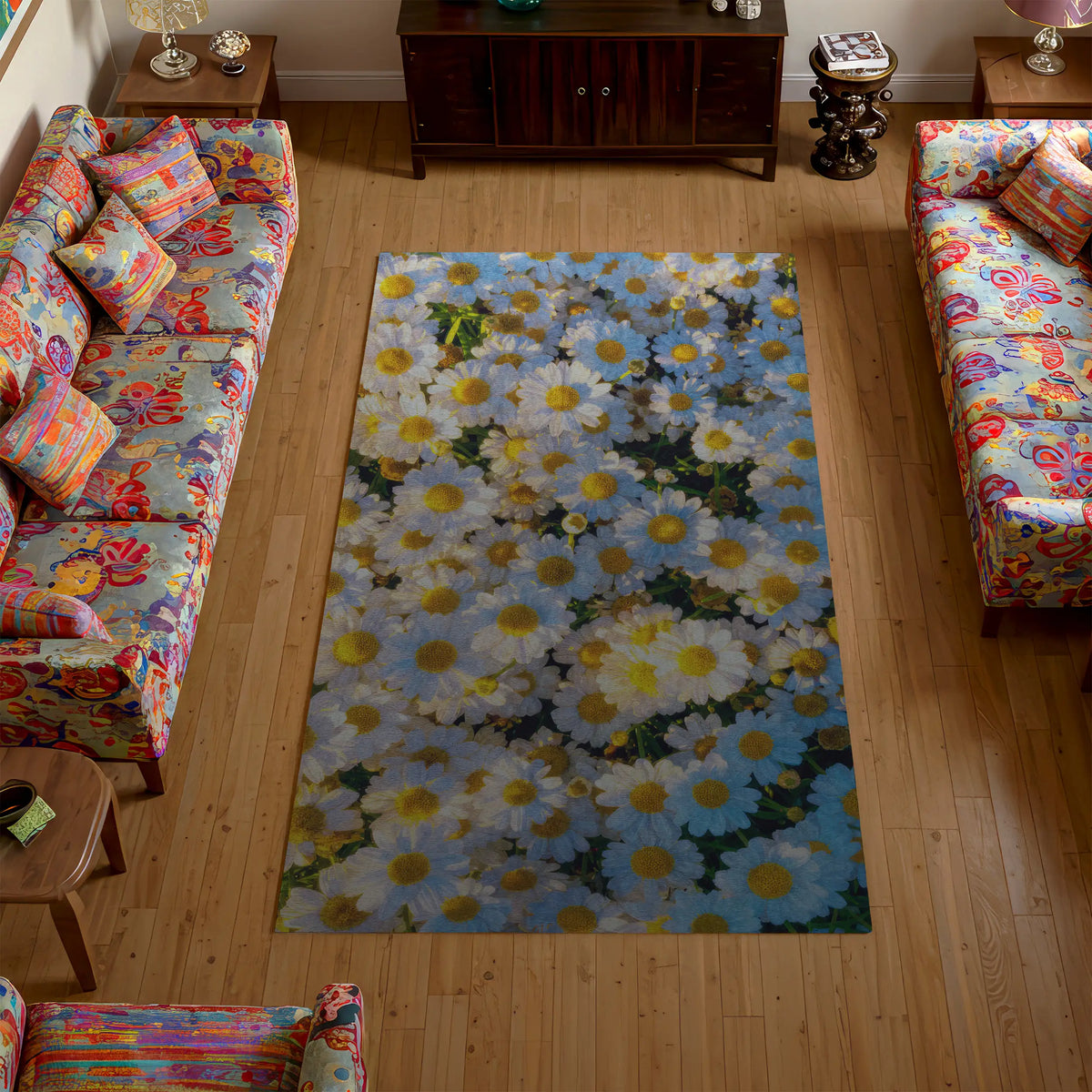Floral rug on a wooden floor with colorful furniture in a living room setting