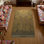 Decorative rug with two deer design and 'GEMINI!' text in a living room.