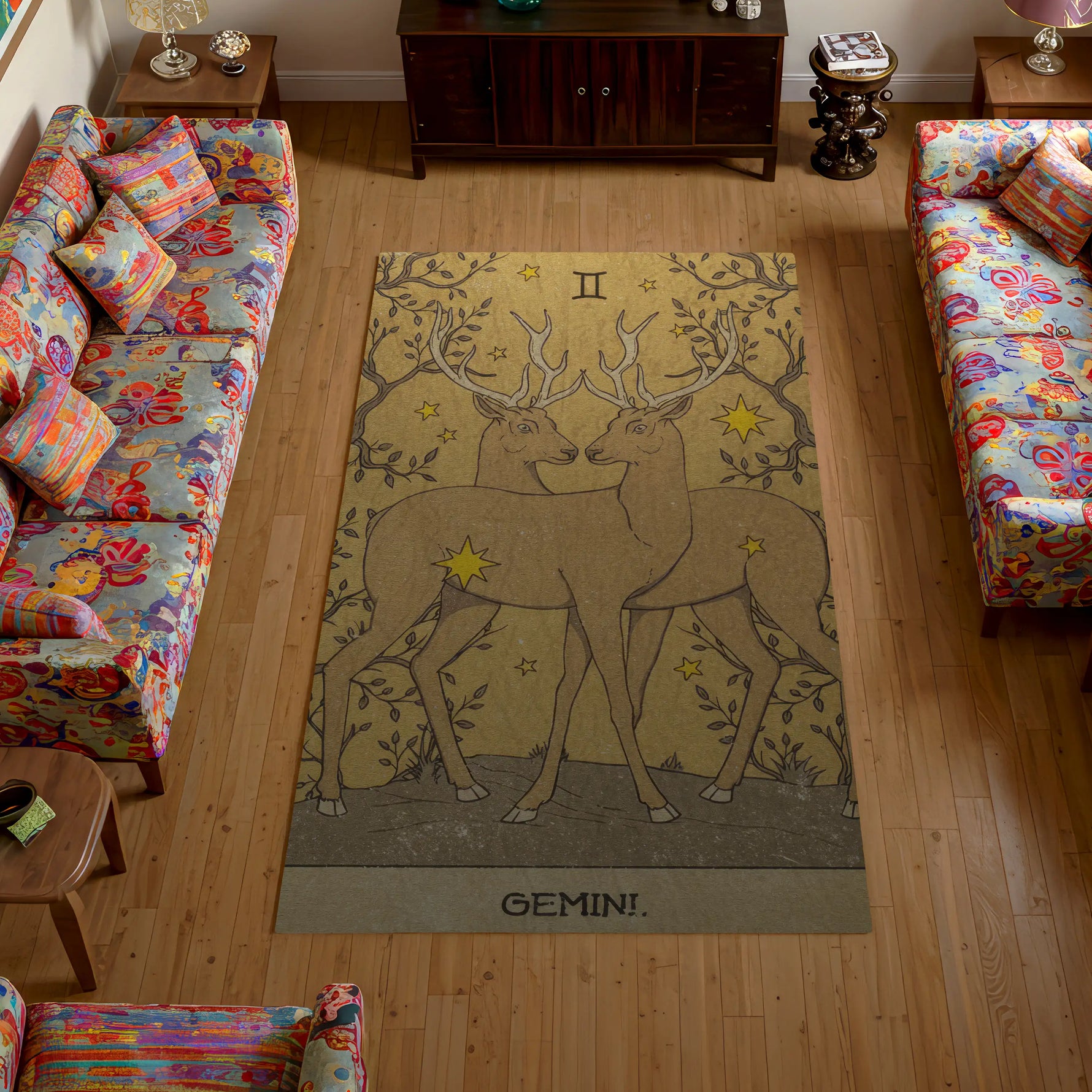 Decorative rug with two deer design and 'GEMINI!' text in a living room.