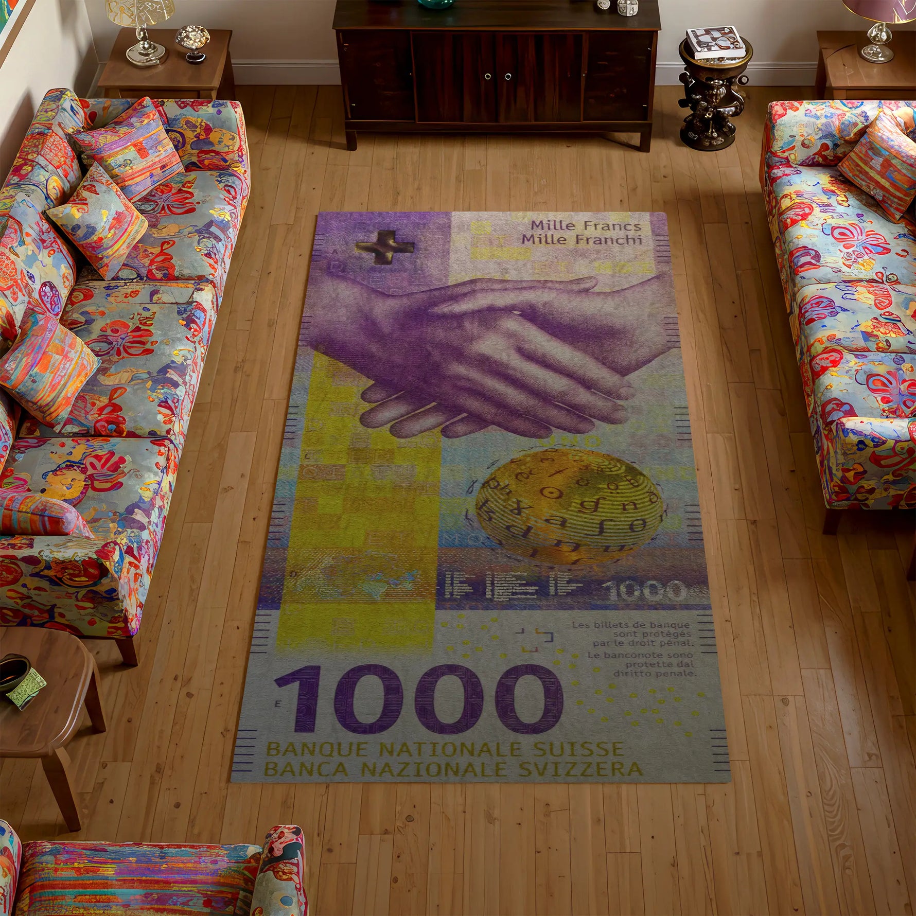 Colorful rug with a design of hands shaking and a Swiss franc symbol in a living room.

