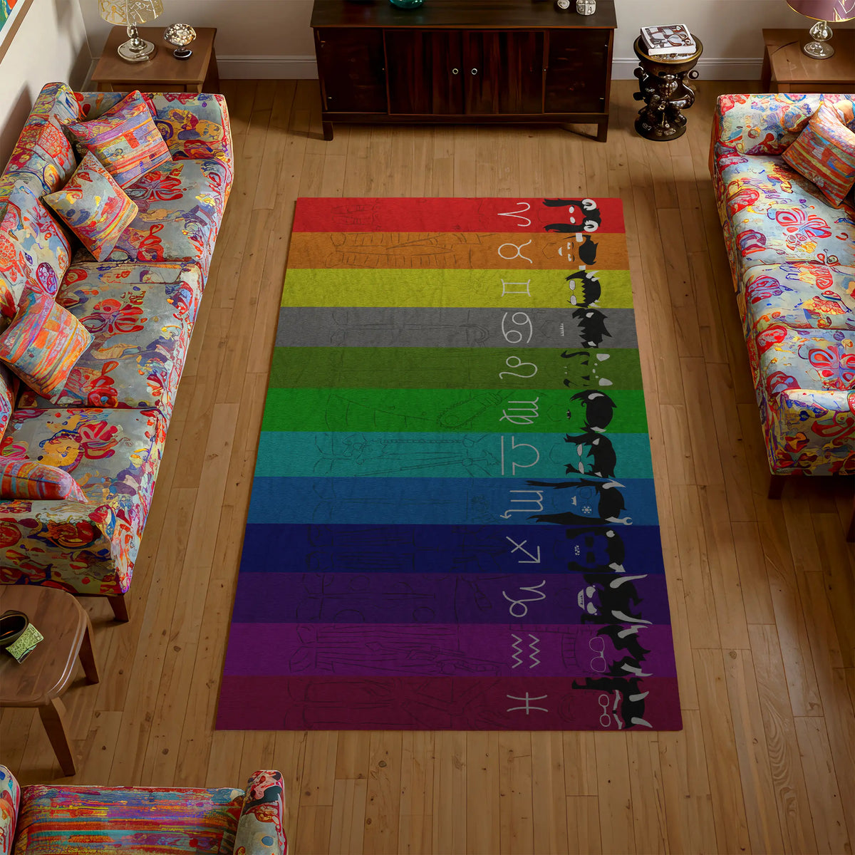 Colorful rug with musical notes on a wooden floor in a living room.