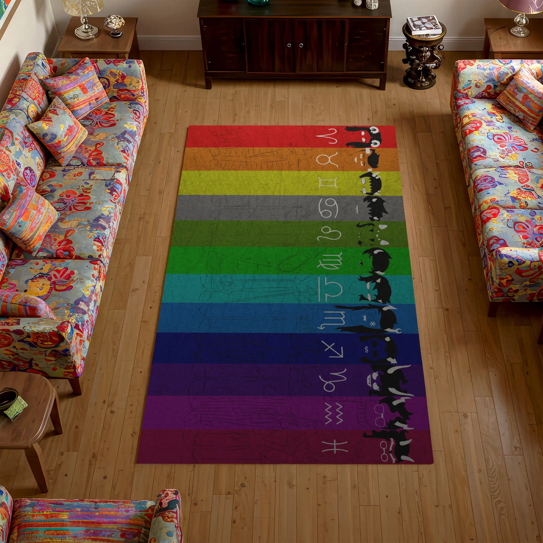 Colorful rug with musical notes on a wooden floor in a living room.