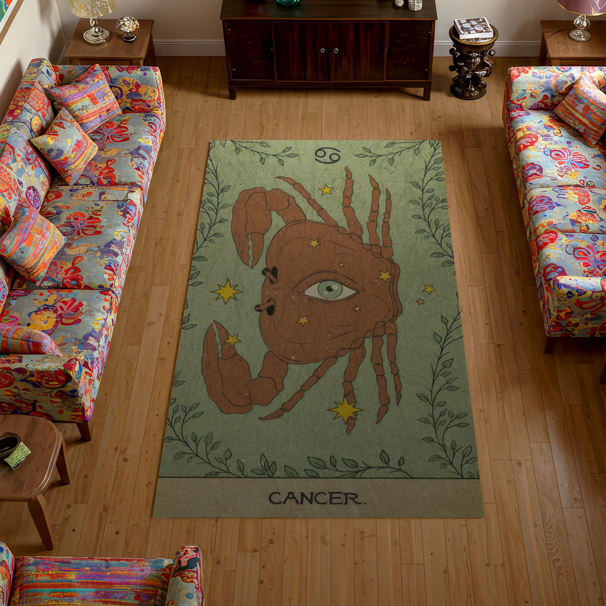 Decorative rug with a crab design and 'Cancer' text in a living room.