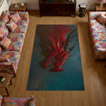 Living room with a dragon rug on a wooden floor