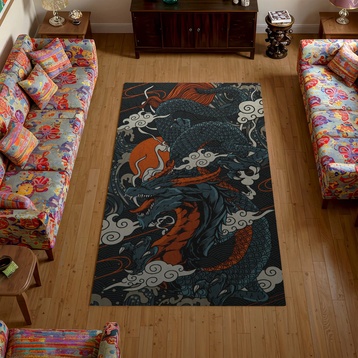 Decorative rug with dragon design in a living room setting