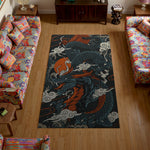 Decorative rug with dragon design in a living room setting