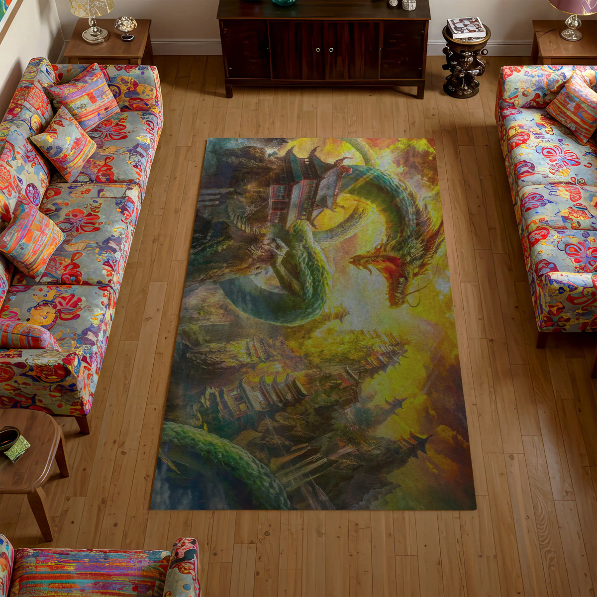 Colorful rug with a dragon design in a living room with floral-patterned sofas.