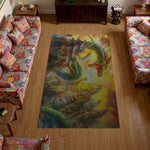 Colorful rug with a dragon design in a living room with floral-patterned sofas.