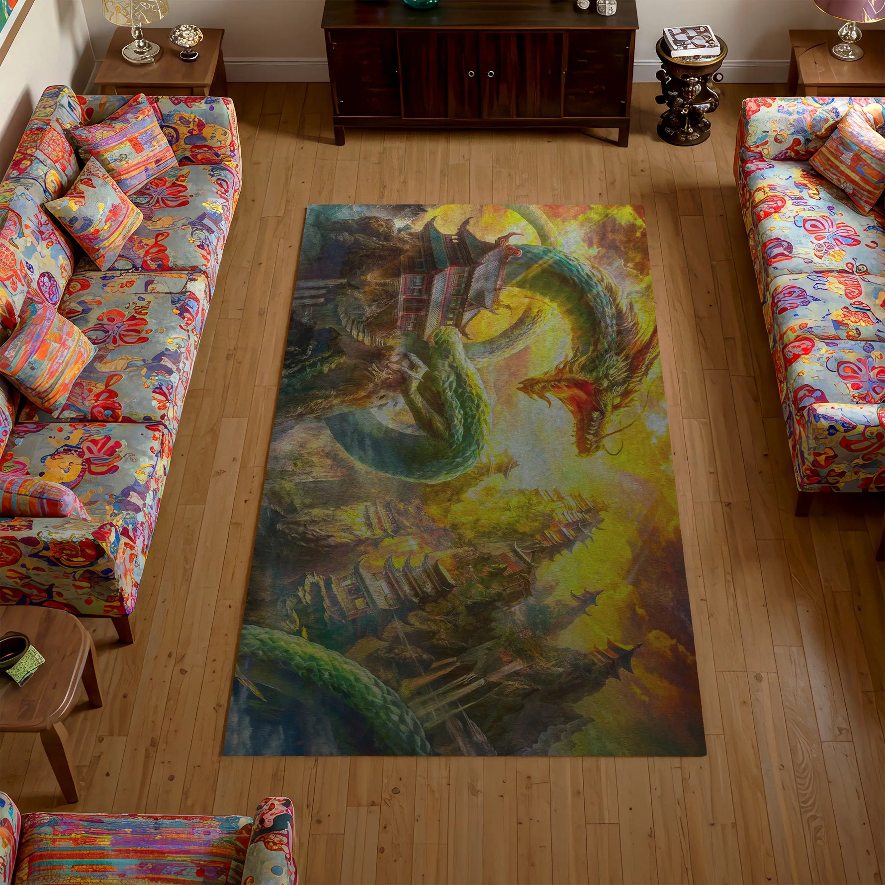Colorful rug with a dragon design in a living room with floral-patterned sofas.