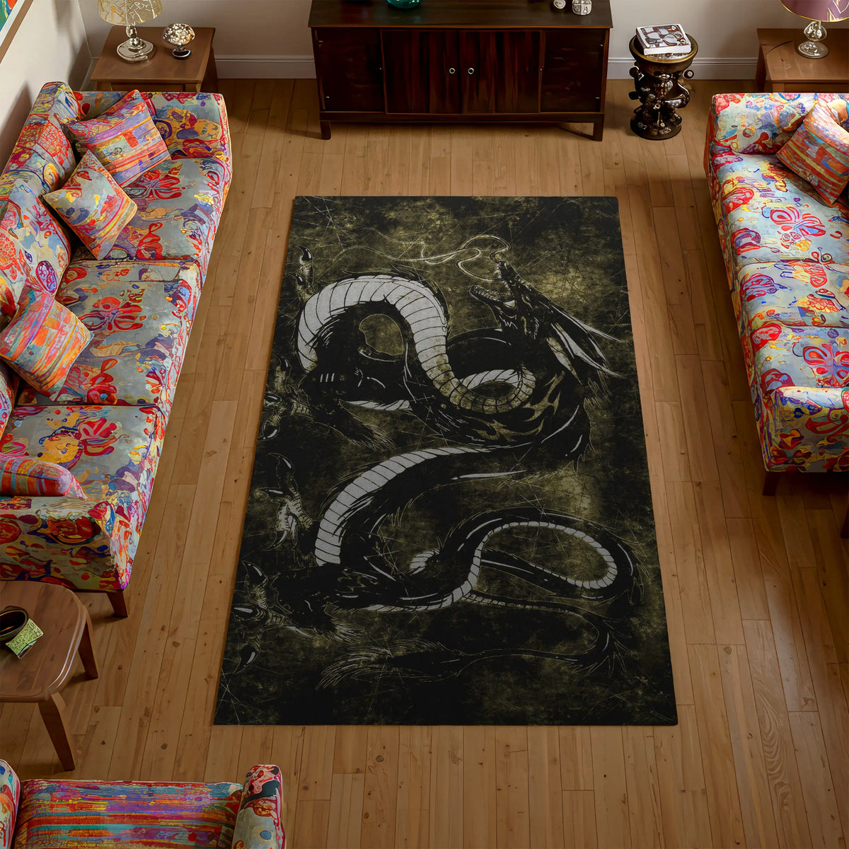 Living room with a dragon rug on a wooden floor