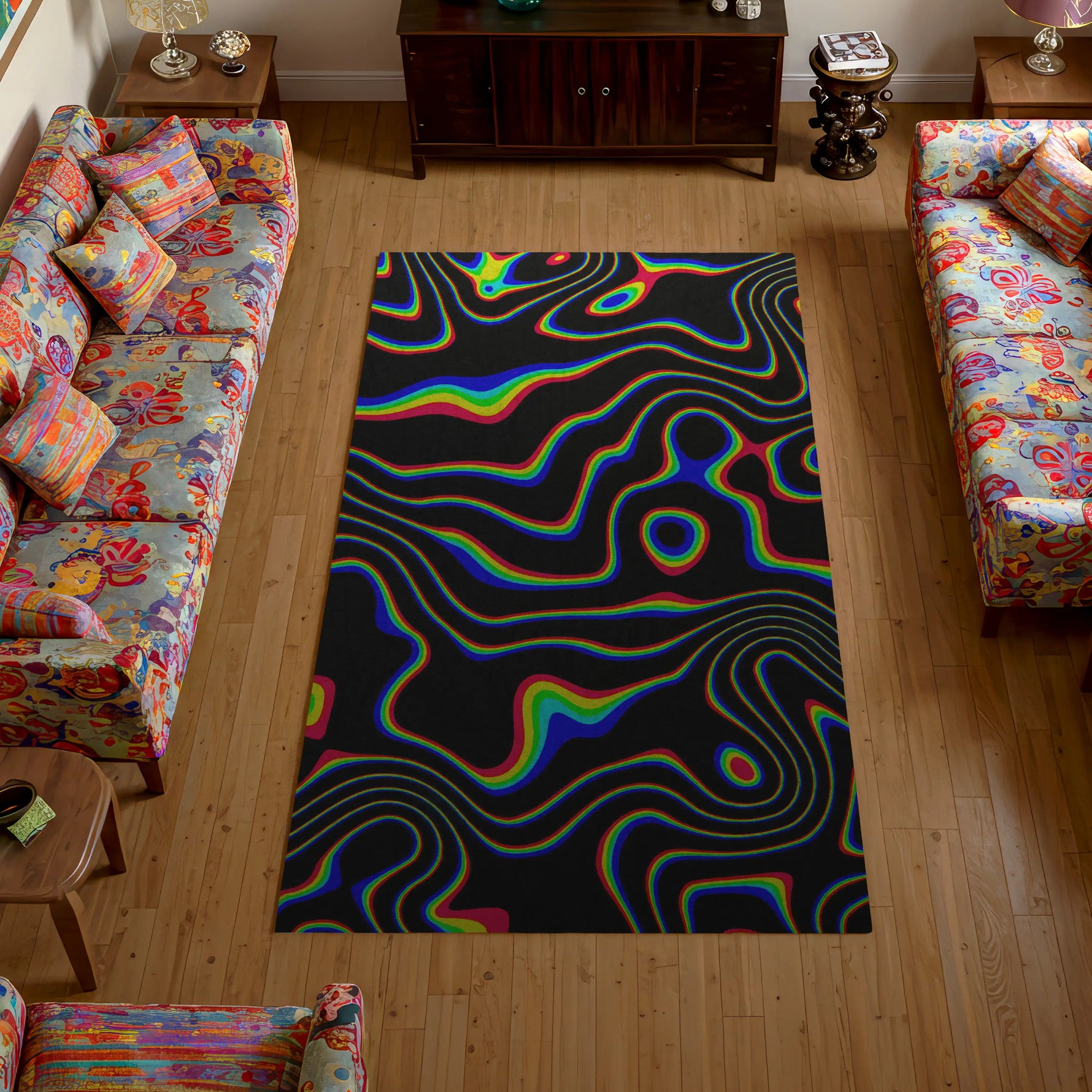 Colorful rug with a black background in a living room with patterned furniture.