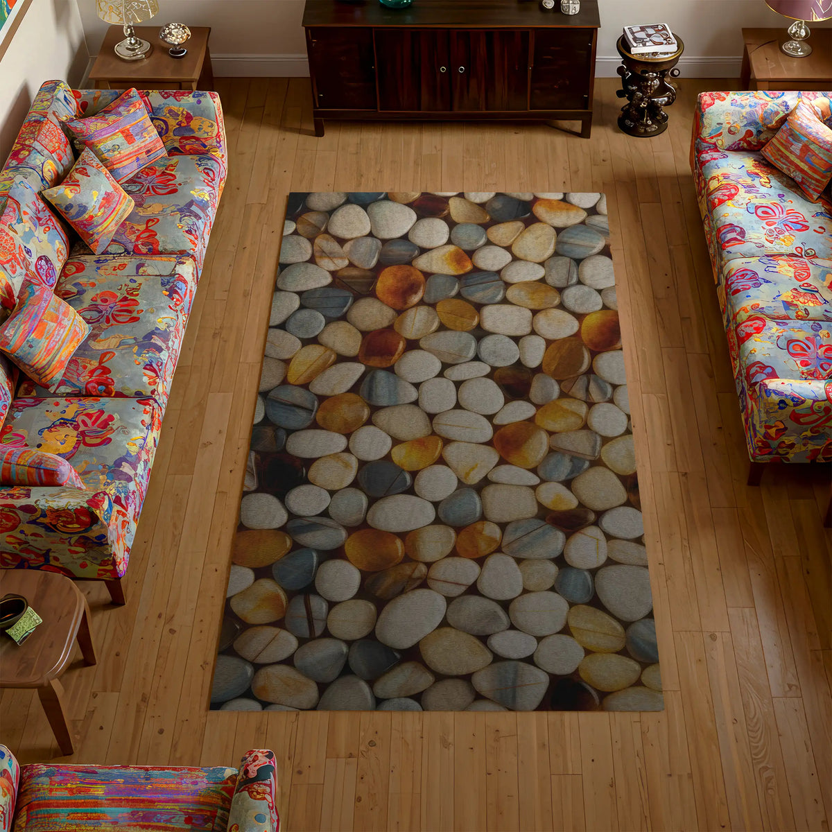 Living room with a colorful rug featuring a stone pattern on a wooden floor.