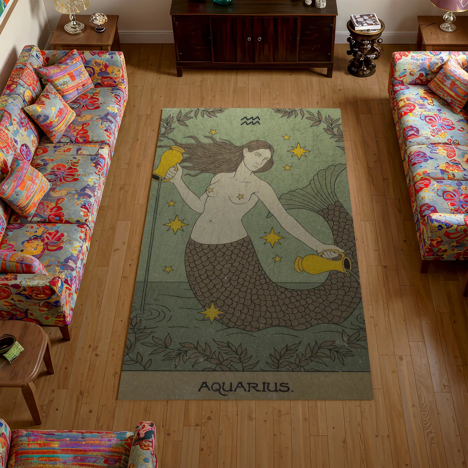 Living room with a decorative rug featuring a mermaid design and 'Aquarius' text.