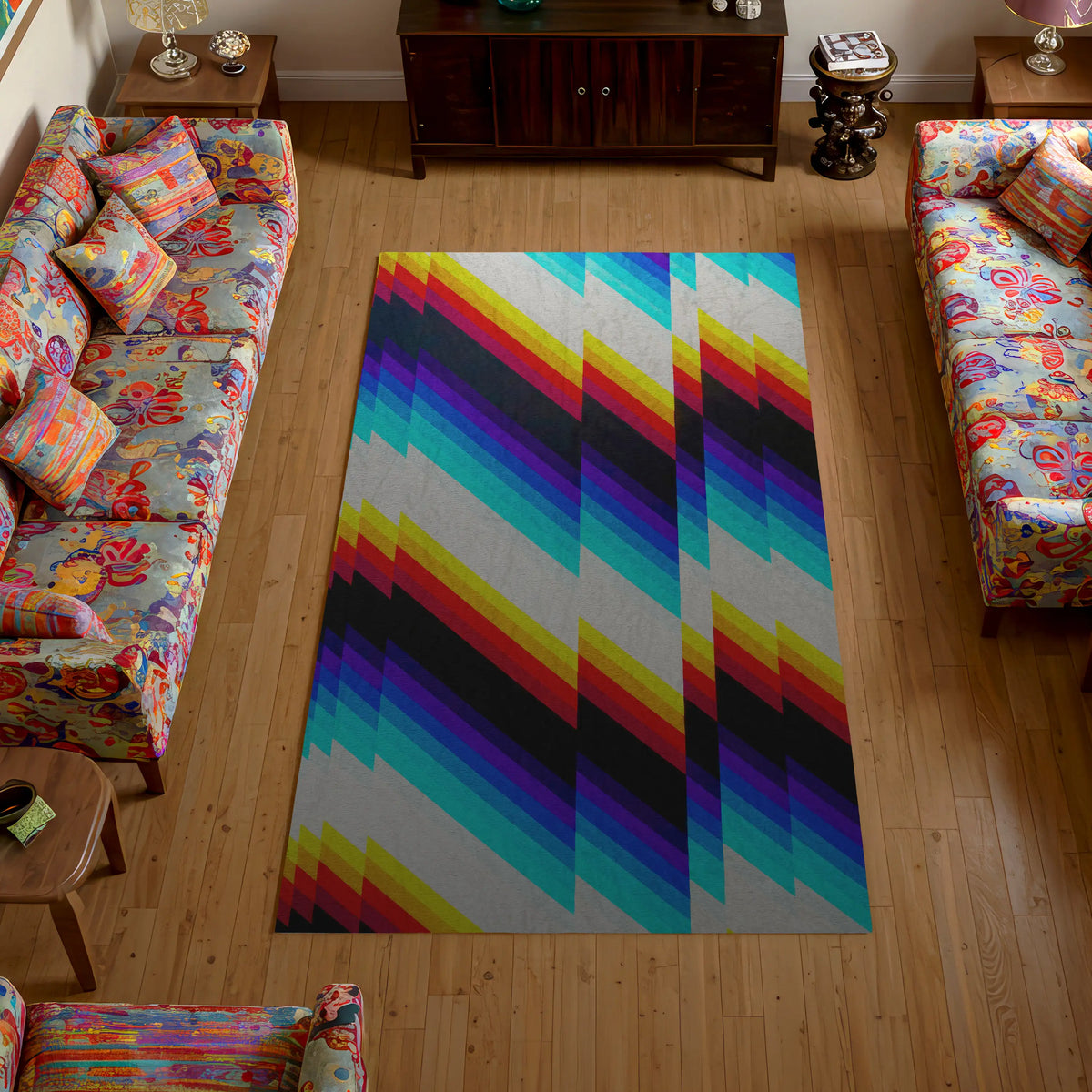 Colorful geometric rug on a wooden floor with patterned furniture.