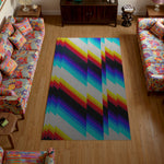 Colorful geometric rug on a wooden floor with patterned furniture.