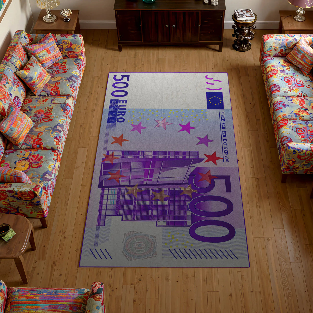 Living room with a decorative rug featuring a 500 Euro bill design.

