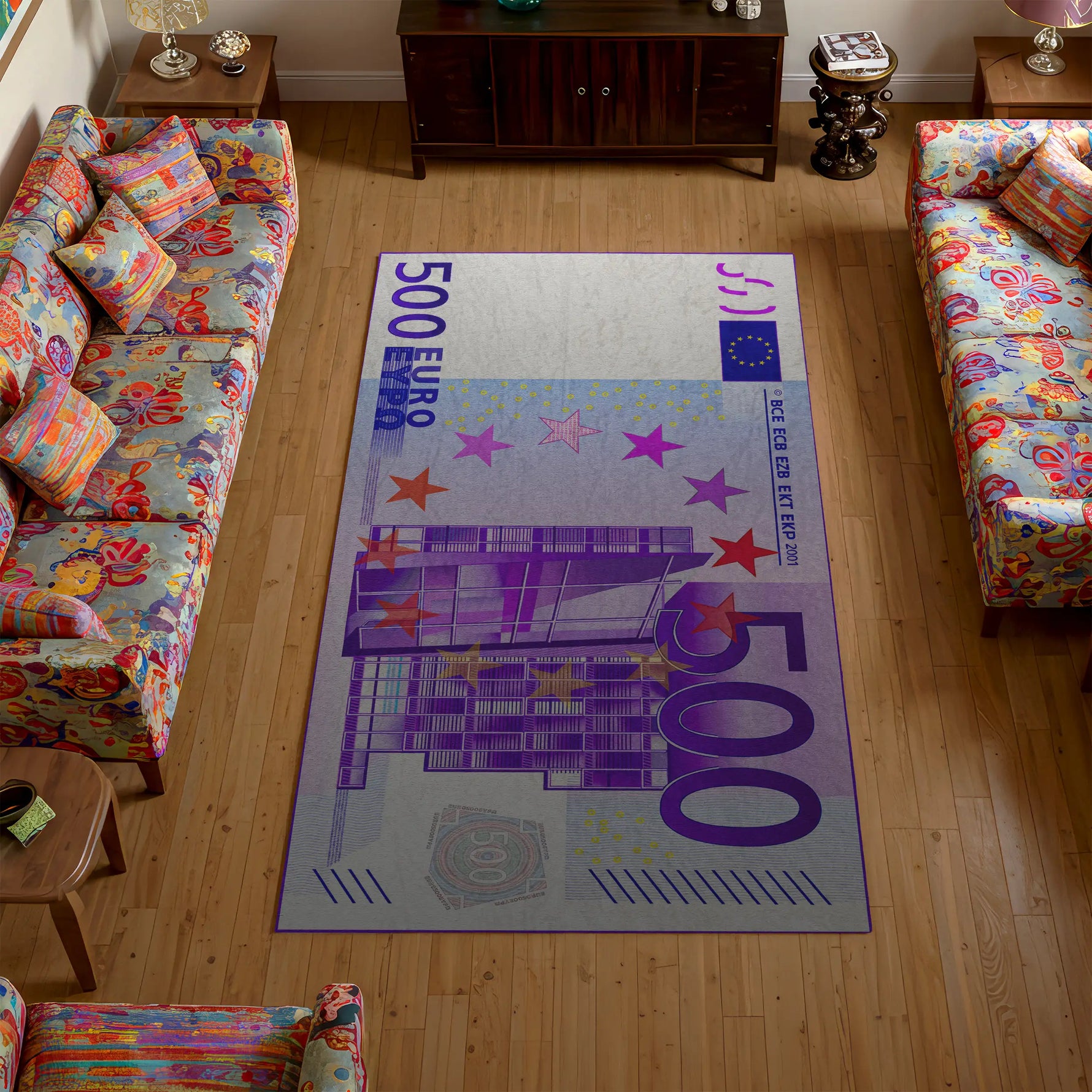 Living room with a decorative rug featuring a 500 Euro bill design.

