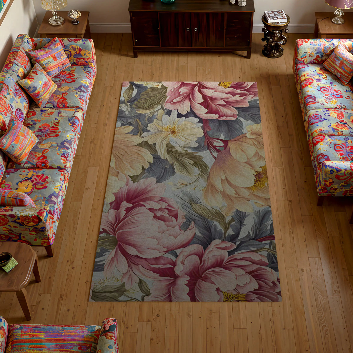 Floral rug on a wooden floor with colorful floral-patterned furniture in a living room.