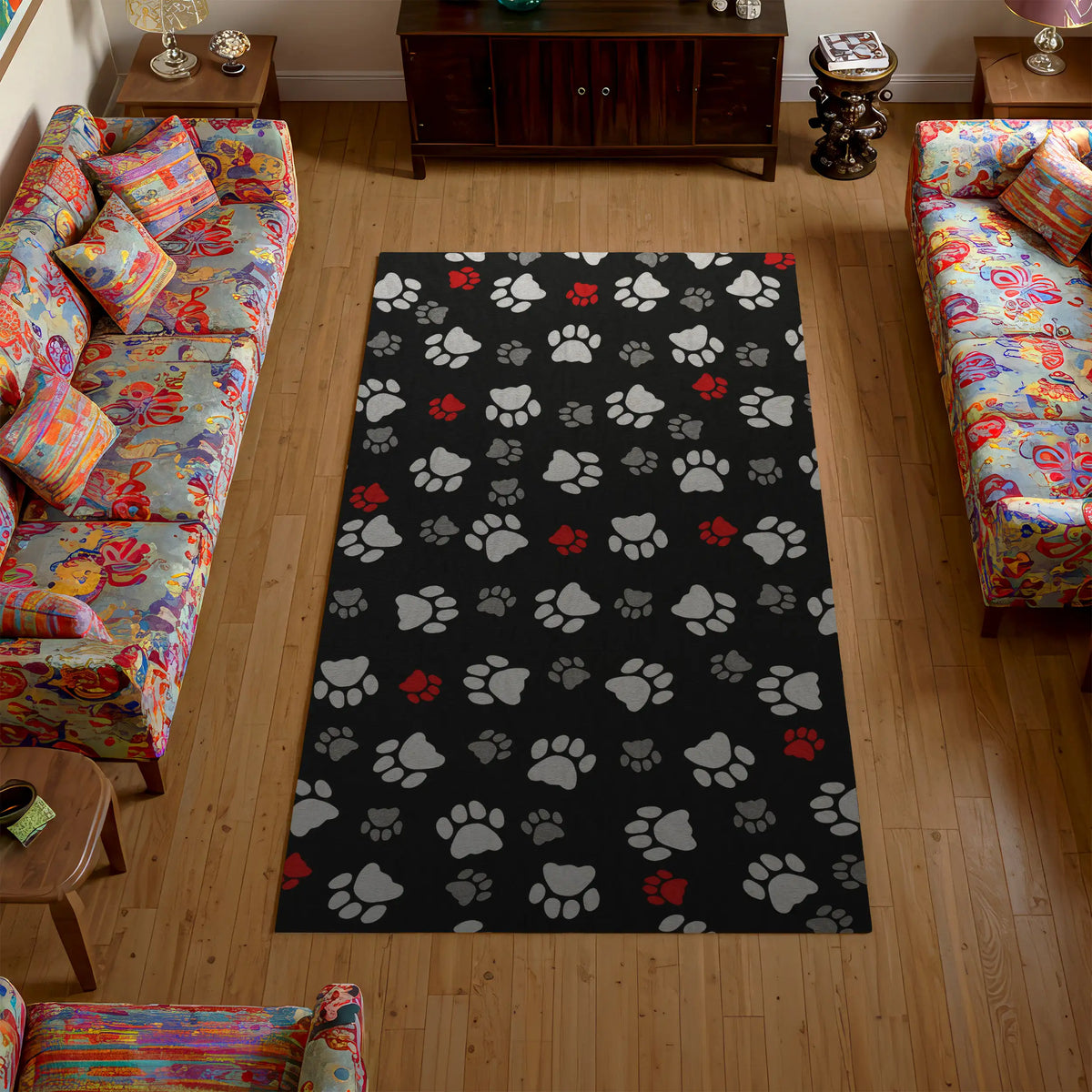 Black rug with paw prints in a living room setting