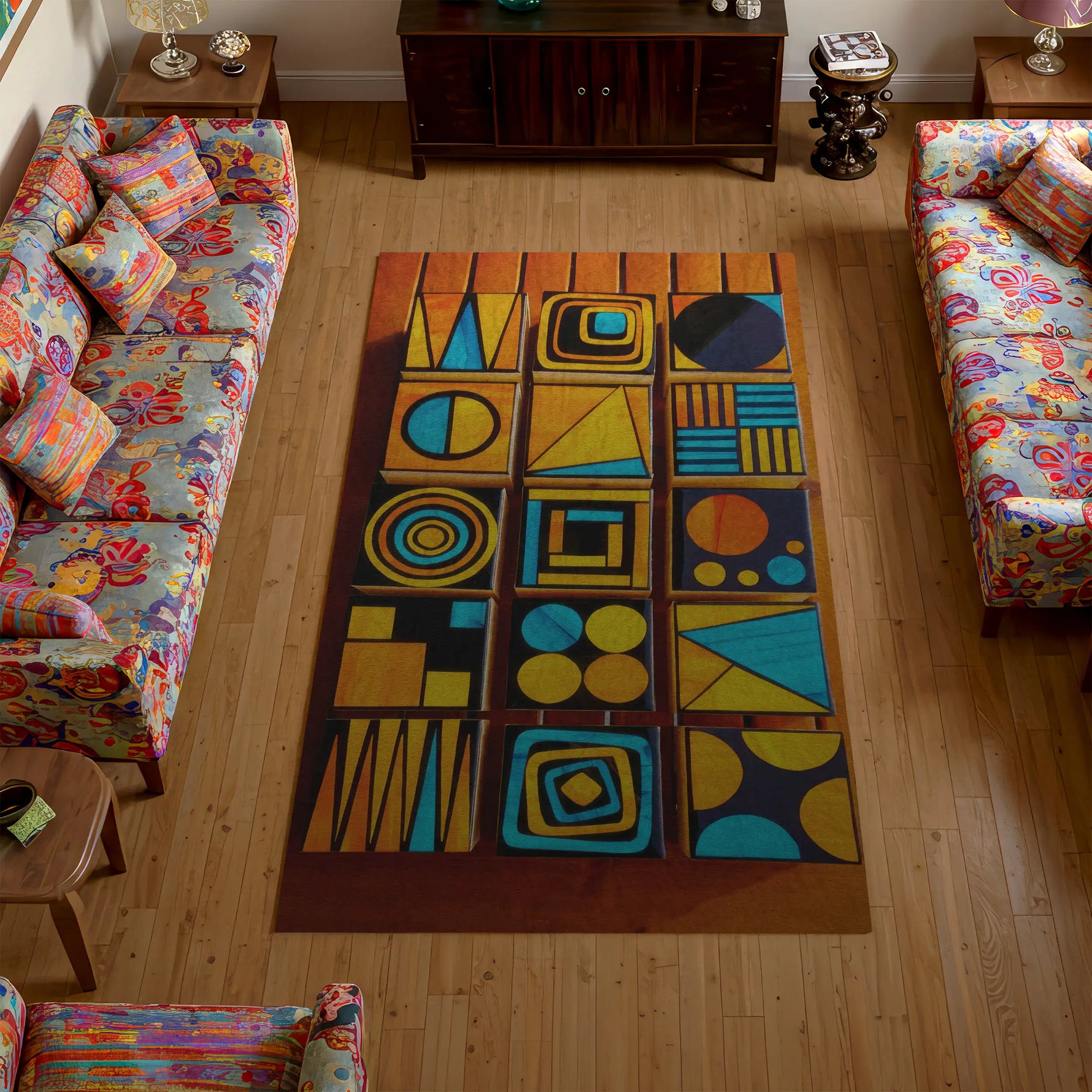 Colorful geometric patterned rug in a living room with floral sofas.

