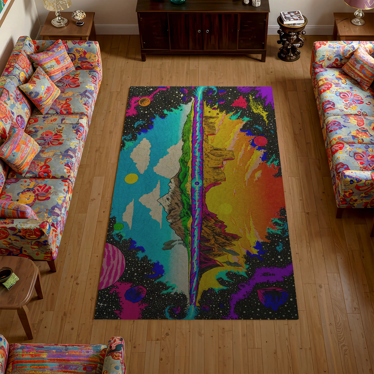 Colorful abstract rug on a wooden floor with patterned chairs.