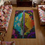 Colorful abstract rug on a wooden floor with patterned chairs.