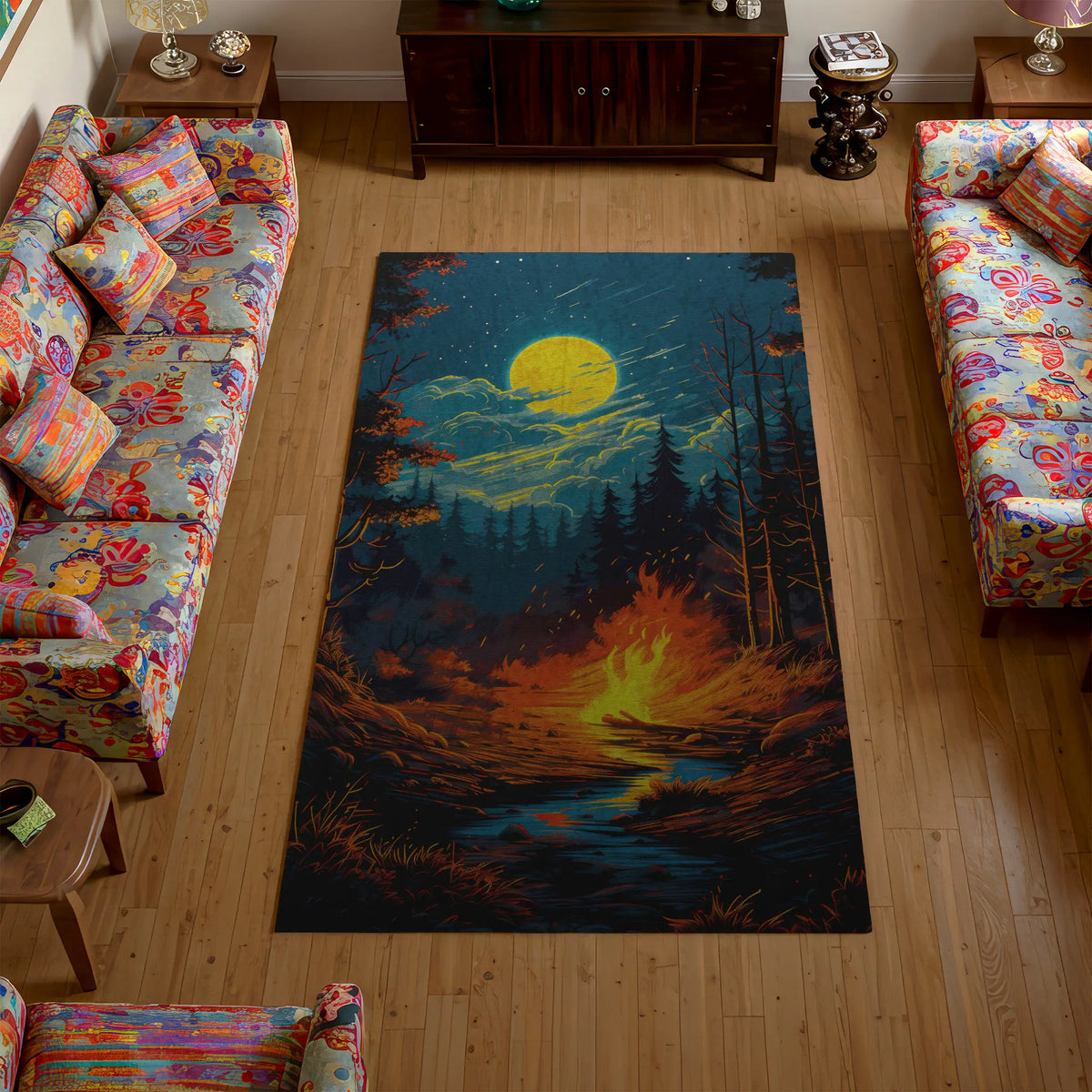 Decorative rug with a forest and campfire design in a living room with colorful furniture.
