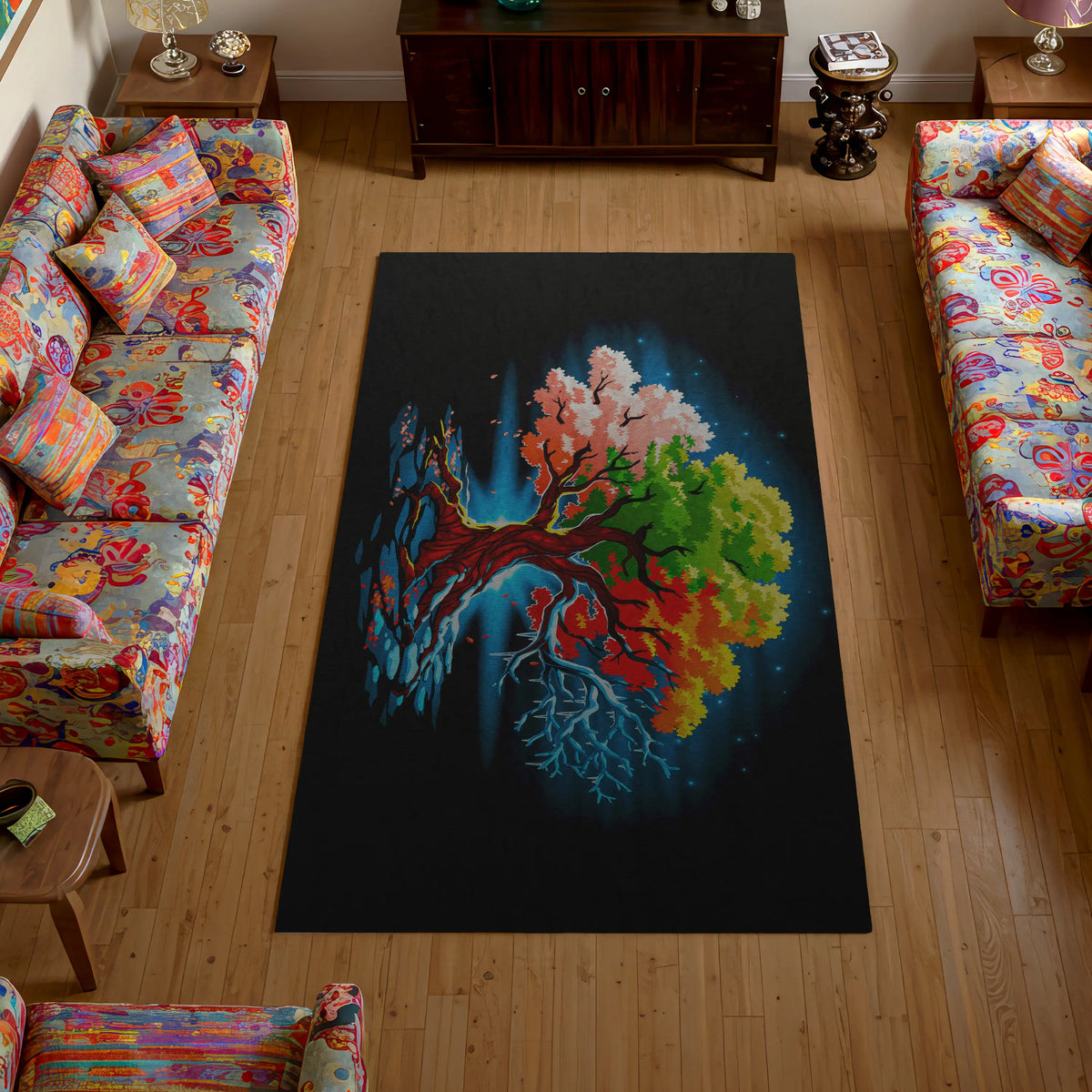 Colorful tree design rug in a living room with patterned furniture.