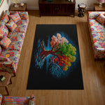 Colorful tree design rug in a living room with patterned furniture.