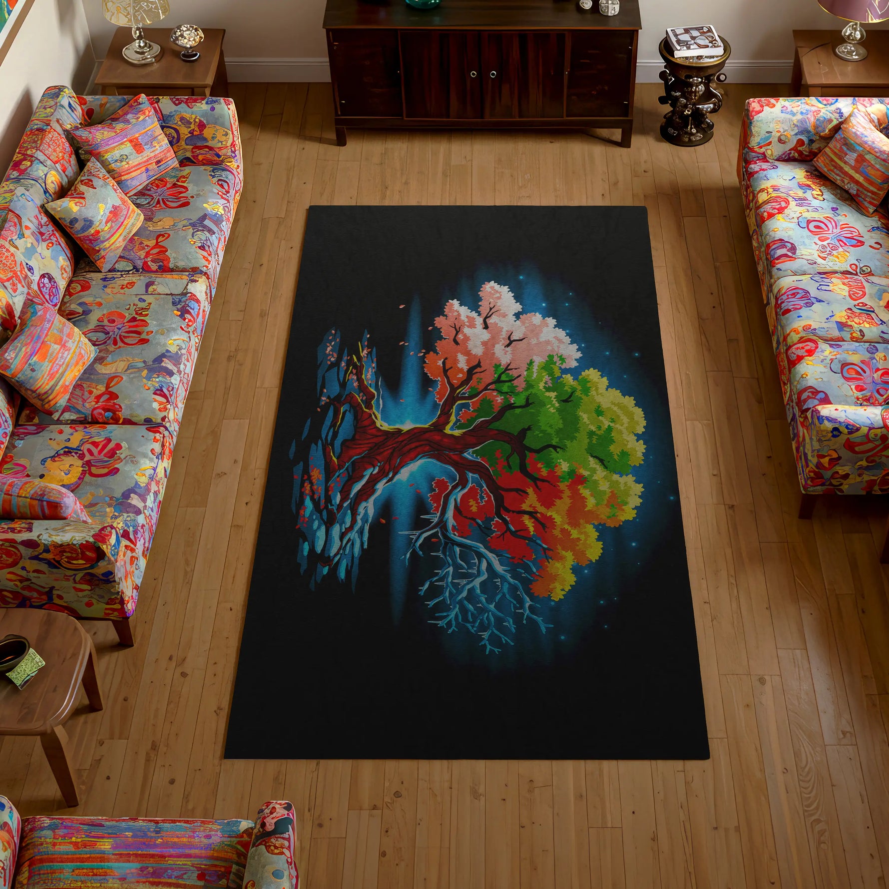Colorful tree design rug in a living room with patterned furniture.